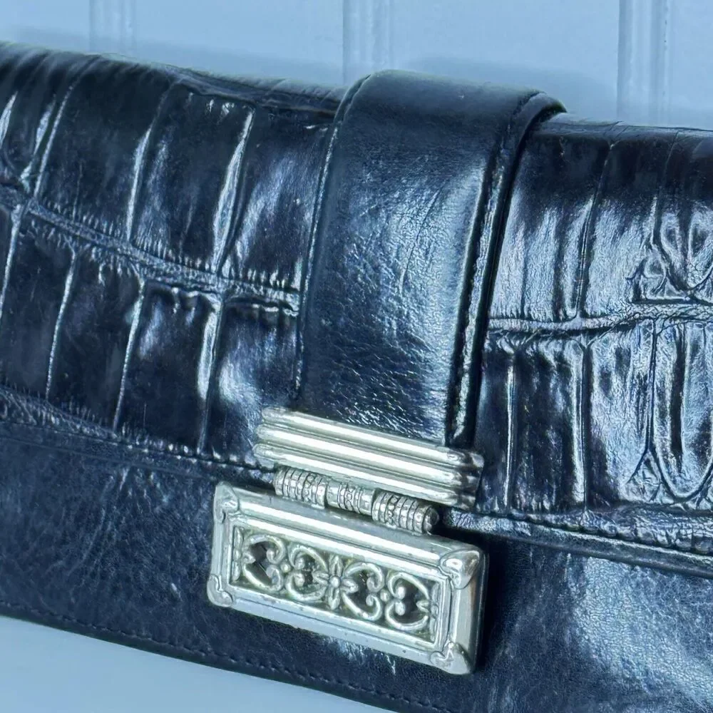 BRIGHTON Wallet Organizer Black Genuine Leather Croc Embossed Silver Accent